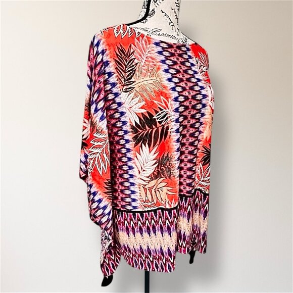 Ruby Rd M Linen Poncho Blouse Purple Orange Floral Tassel Boho Hippie Resort Top - Picture 5 of 10